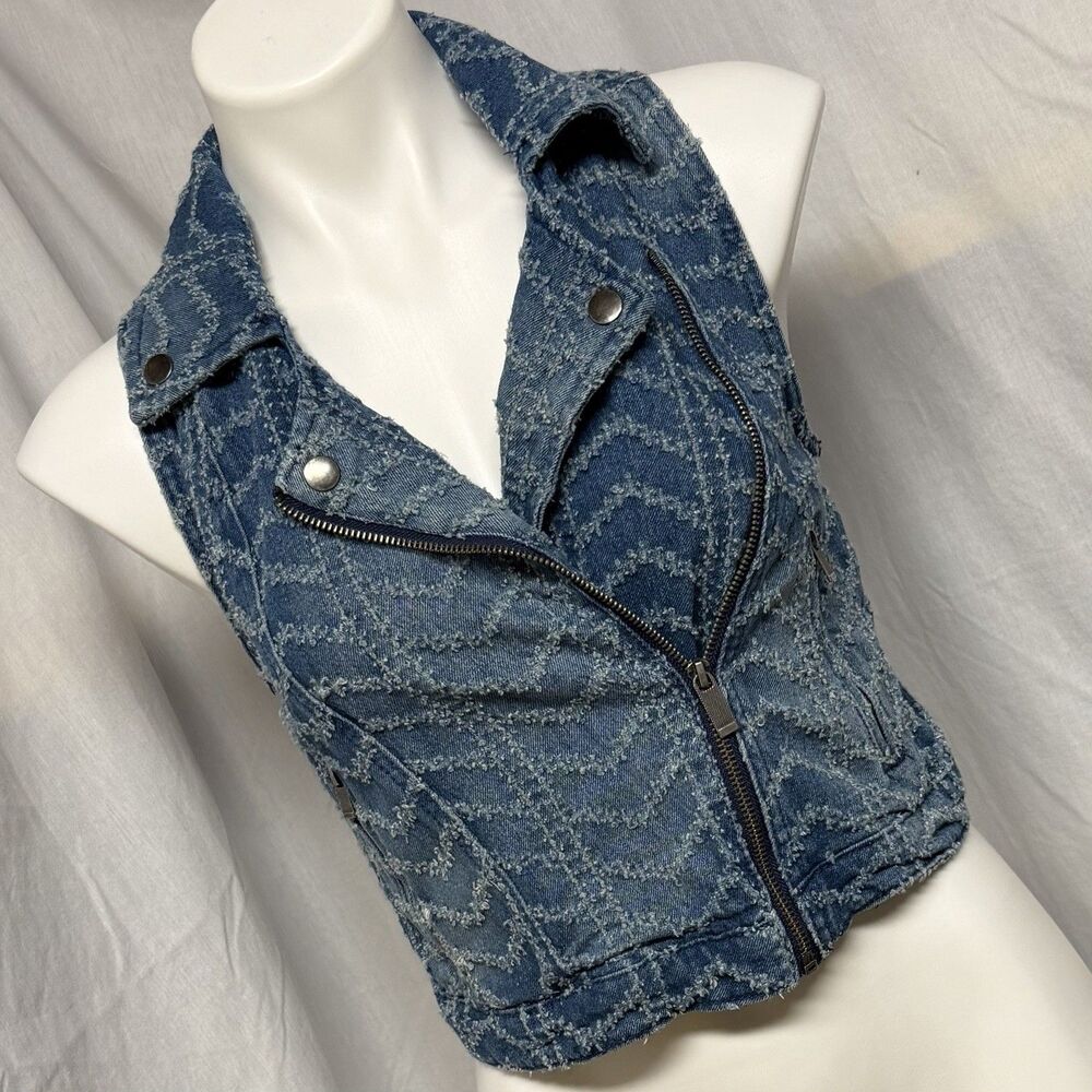 BKE Outerwear Vest Distressed Textured Denim Women’s Zipper Closure Blue Small
